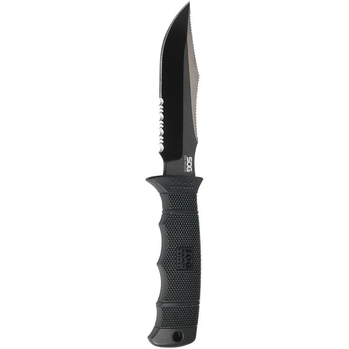 SOG Seal Pup Elite Spine Rasp Black GRN TiNi Coated Serrated AUS-8 (Kydex Sheath) - Knives.mx