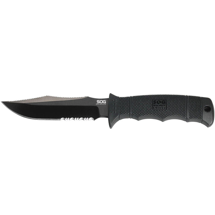 SOG Seal Pup Elite Spine Rasp Black GRN TiNi Coated Serrated AUS-8 (Kydex Sheath) - Knives.mx