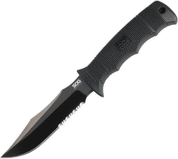 SOG Seal Pup Elite Spine Rasp Black GRN TiNi Coated Serrated AUS-8 (Nylon Sheath) - Knives.mx