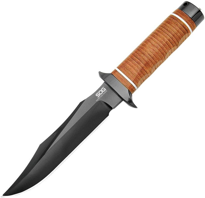 SOG Super Bowie Brown Leather Wrapped Black TiNi AUS-8 - Knives.mx