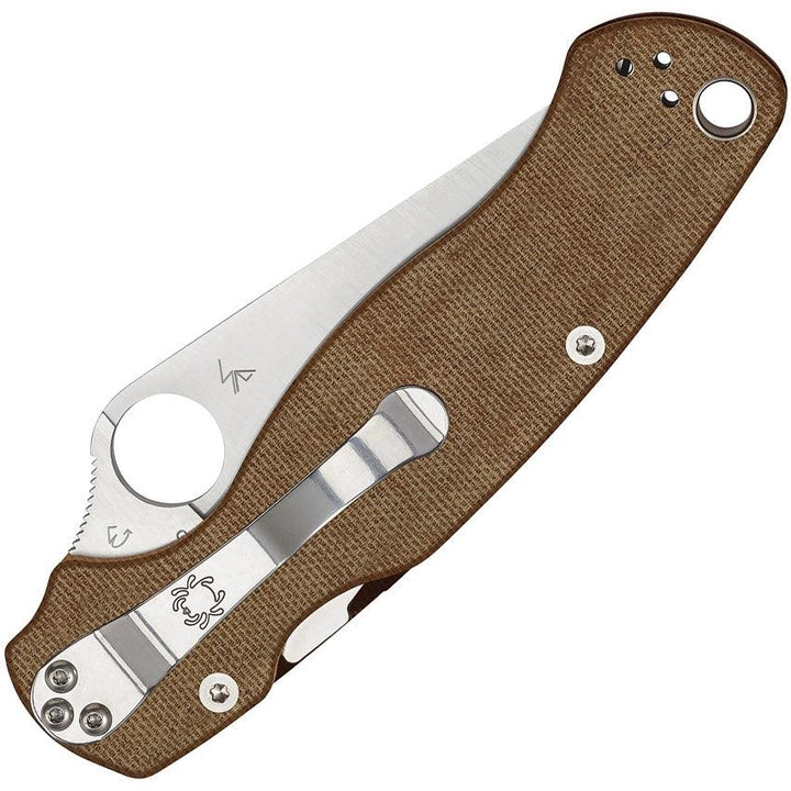 Spyderco Para Military 2 Compression Lock Brown Canvas Micarta Satin PlainEdge CPM Cru-Wear® - Knives.mx