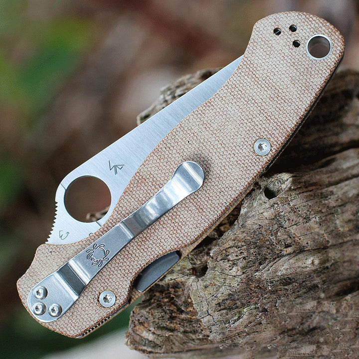 Spyderco Para Military 2 Compression Lock Brown Canvas Micarta Satin PlainEdge CPM Cru-Wear® - Knives.mx