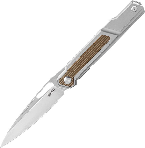 SRM Knives Framelock Gray Titanium w Tan G10 Inlay Bead Blast Bohler N690 - Knives.mx