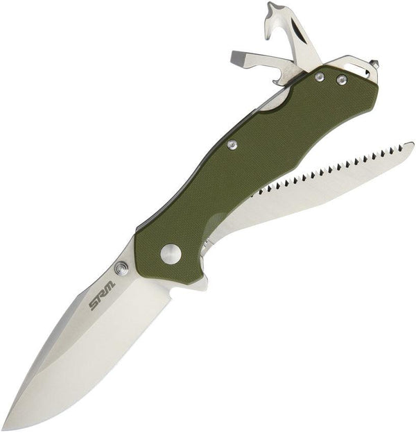 SRM Knives SRM 9019 Linerlock Double Open Green G10 12C27 Sandvik - Knives.mx