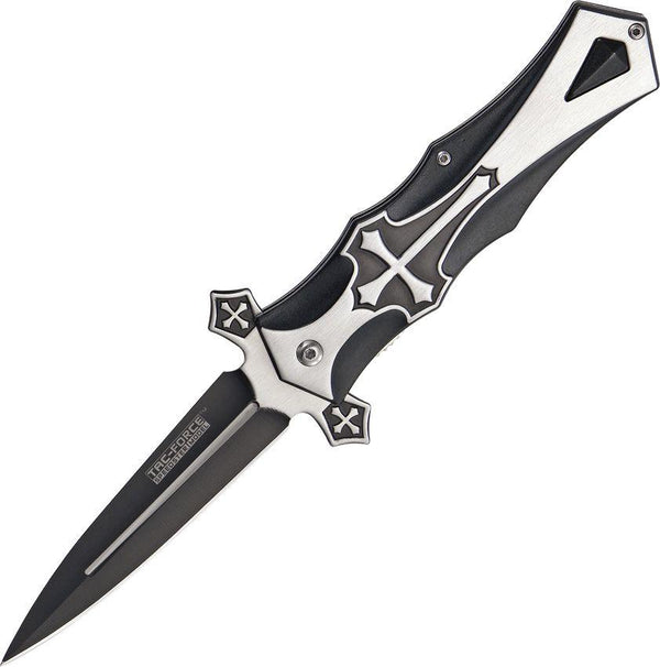 Tac Force Celtic Cross Linerlock Black w Silver Aluminum Two Tone 440 Stainless Dagger - Knives.mx