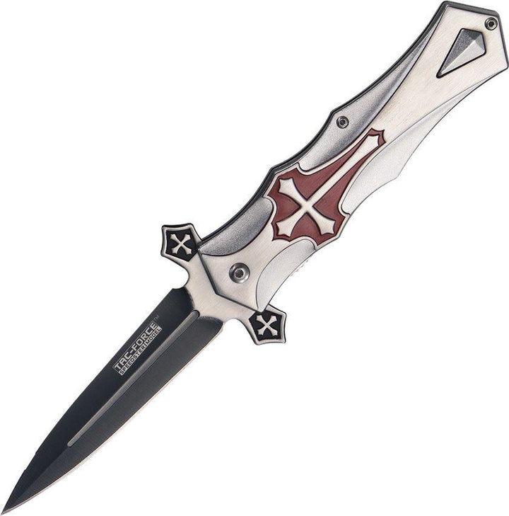 Tac Force Celtic Cross Linerlock Silver w Red Aluminum Two Tone 440 Stainless Dagger - Knives.mx