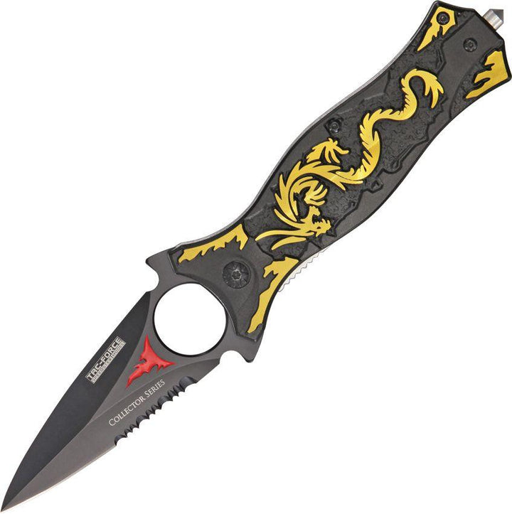 Tac Force Dragon Linerlock A/O Black& Gold Textured Aluminum Black Serrated Dagger Stainless - Knives.mx