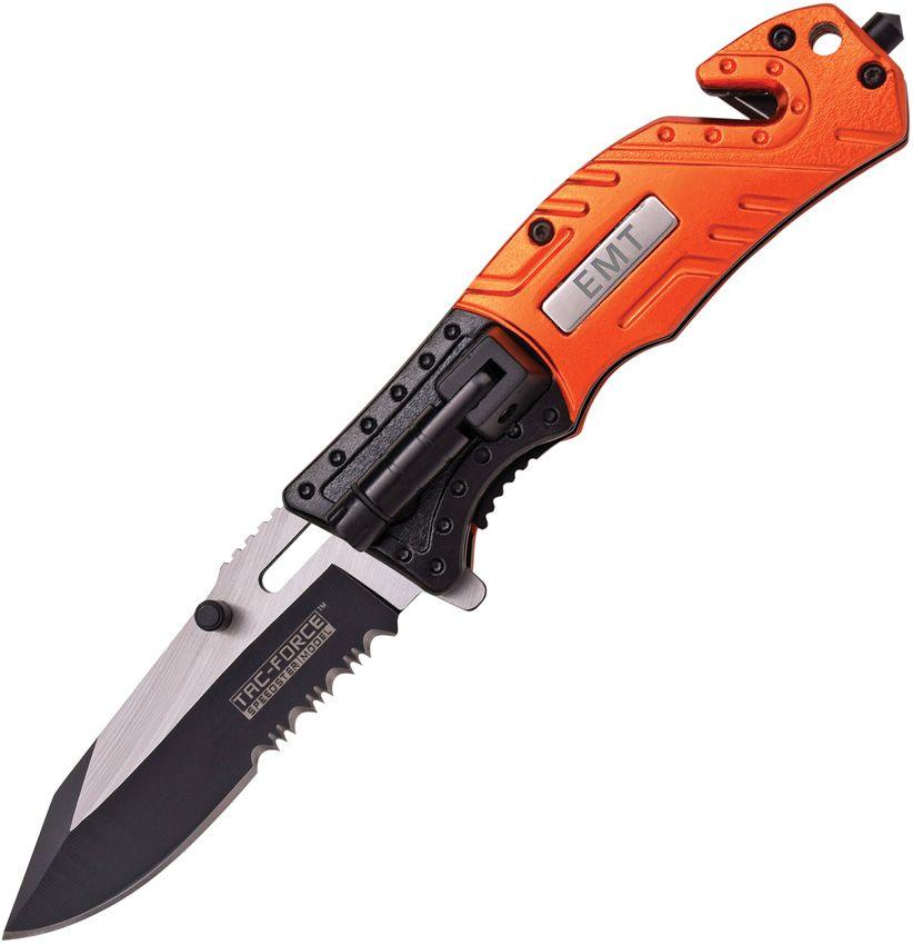 Tac Force EMT Rescue Linerlock A/O Orange & Black Aluminum Two Tone Serrated Stainless - Knives.mx