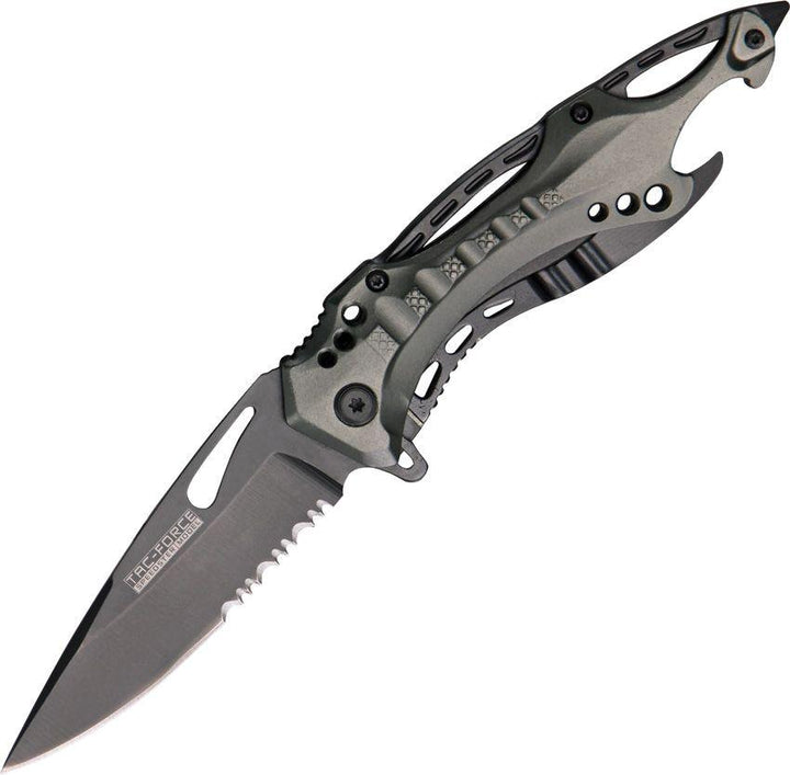 Tac Force Linerlock A/O Gray & Black Aluminum Serrated Stainless - Knives.mx