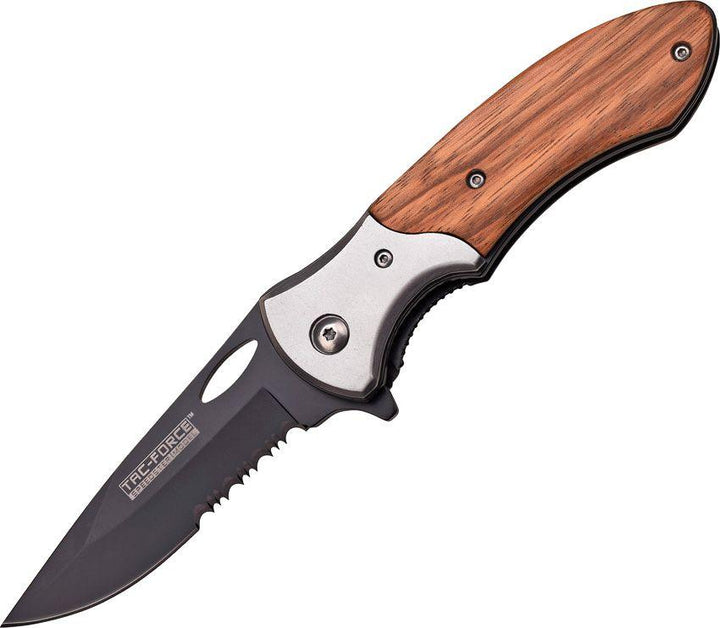 Tac Force Linerlock A/O Pakkawood Black Drop Point Serrated Stainless Blade - Knives.mx