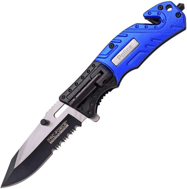 Tac Force Police Rescue Linerlock A/O Blue & Black Aluminum Two Tone Serrated Stainless - Knives.mx