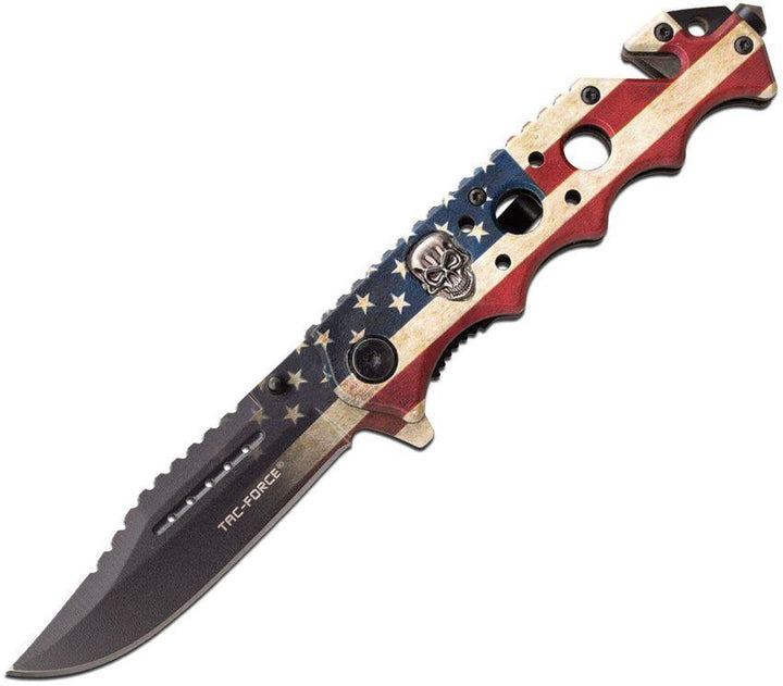 Tac Force Rescue Flag/Skull Linerlock A/O Black 440 Stainless - Knives.mx