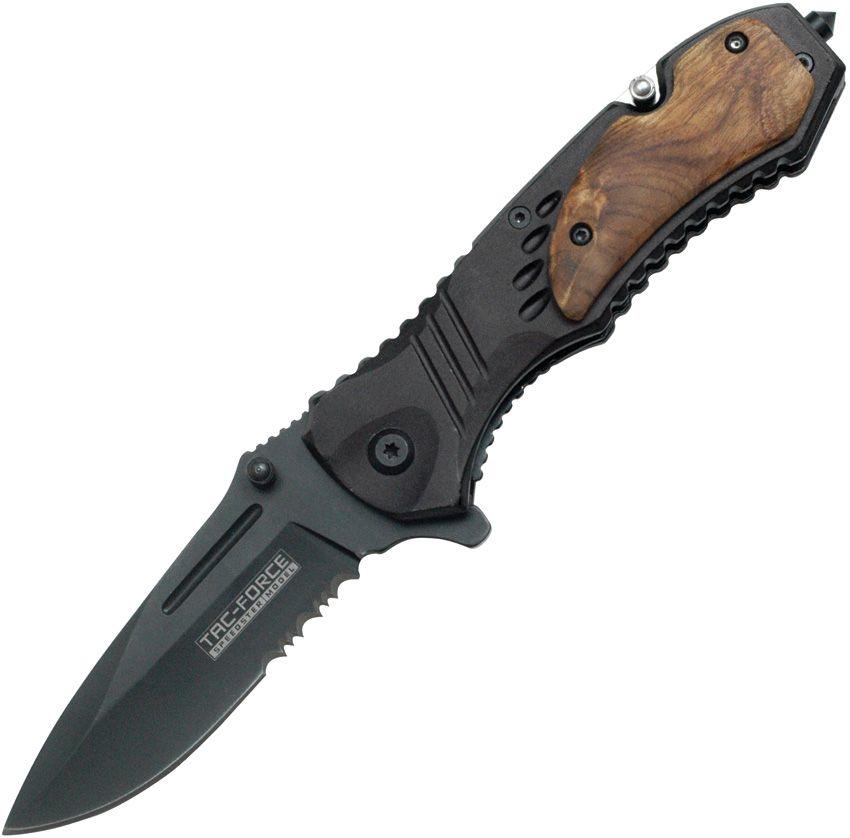 Tac Force Rescue Linerlock A/O Black Aluminum w Brown Wood Onlay Stainless Blade - Knives.mx