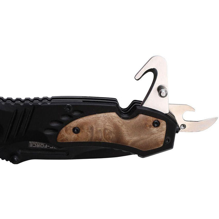 Tac Force Rescue Linerlock A/O Black Aluminum w Brown Wood Onlay Stainless Blade - Knives.mx