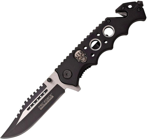 Tac Force Rescue Linerlock A/O Finger Grooved Black Skull Two Tone 440 Stainless - Knives.mx