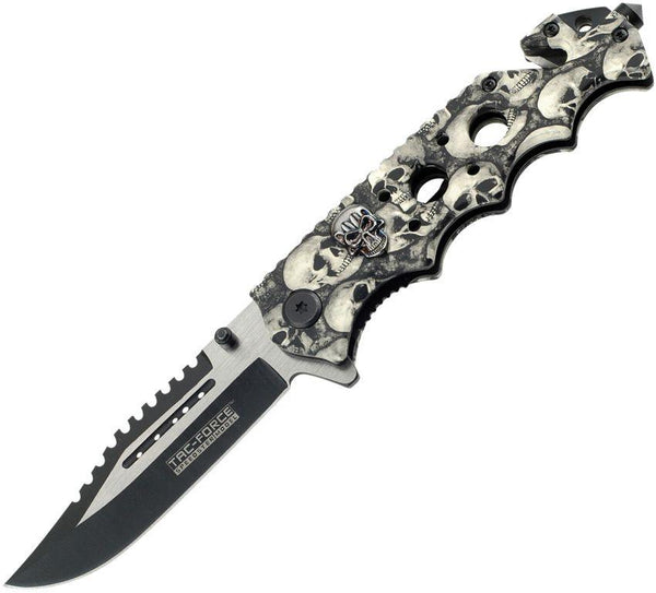 Tac Force Rescue Linerlock A/O Finger Grooved Gray & Black Skull Two Tone 440 Stainless - Knives.mx