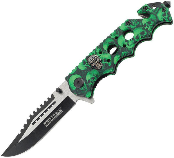 Tac Force Rescue Linerlock A/O Finger Grooved Green&Black Skull Two Tone 440 Stainless - Knives.mx