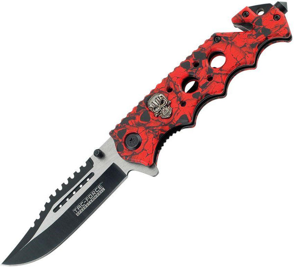 Tac Force Rescue Linerlock A/O Finger Grooved Red&Black Skull Two Tone 440 Stainless - Knives.mx