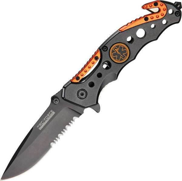 Tac Force Service EMT Linerlock A/O Black & Orange Aluminum Black Serrated Stainless - Knives.mx