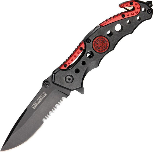 Tac Force Service Fire Department Linerlock A/O Black & Red Aluminum Black Serrated Stainless - Knives.mx