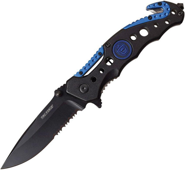 Tac Force Service Police Linerlock A/O Black & Blue Aluminum Black Serrated Stainless - Knives.mx