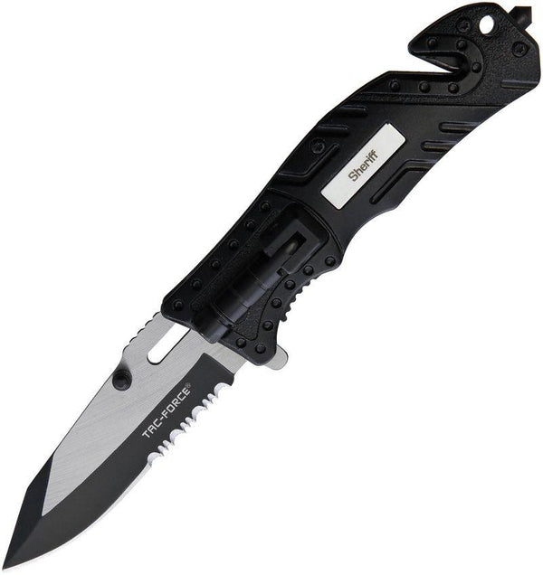 Tac Force Sheriff Rescue Linerlock A/O Black Aluminum Two Tone Serrated Stainless - Knives.mx