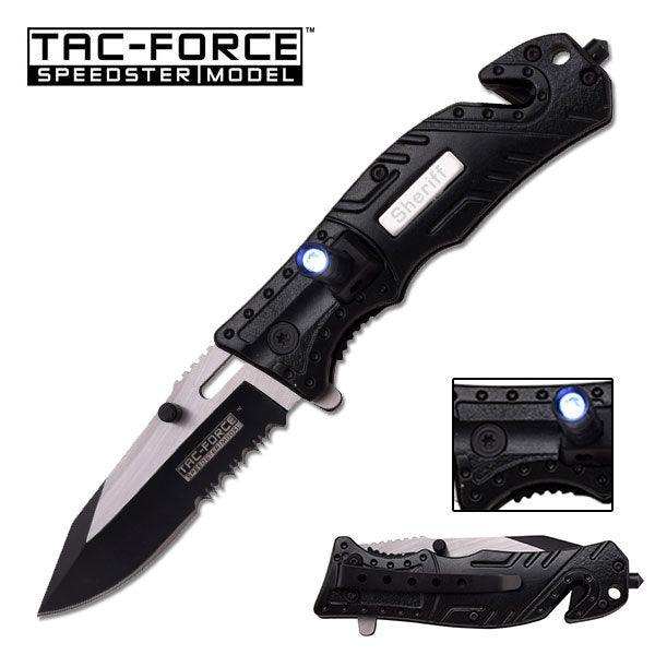 Tac Force Sheriff Rescue Linerlock A/O Black Aluminum Two Tone Serrated Stainless - Knives.mx