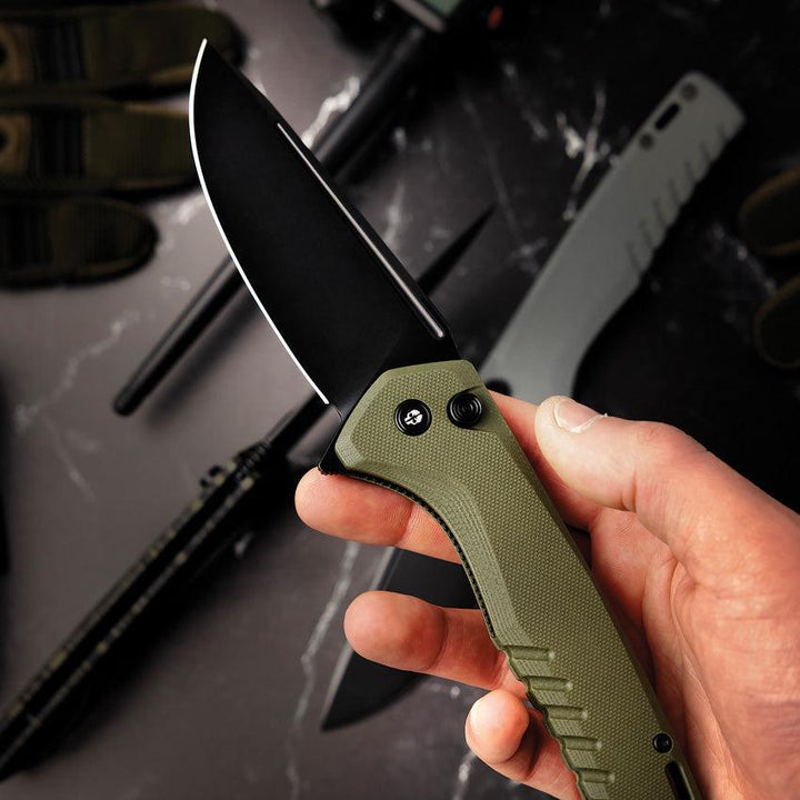 Tekto Knives F3 Charlie Button Lock OD Green G10 Black Titanium Coated D2 - Knives.mx