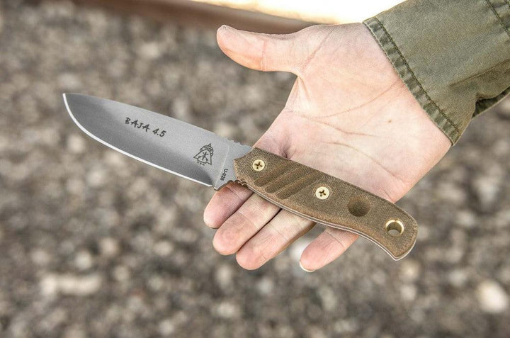 TOPS Knives Baja 4.5 Green Canvas Micarta Black River Wash 1095HC - Knives.mx