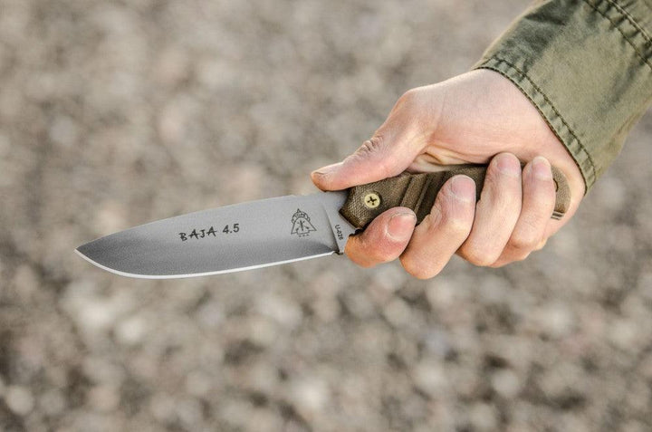 TOPS Knives Baja 4.5 Green Canvas Micarta Black River Wash 1095HC - Knives.mx