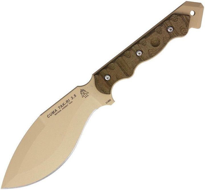 TOPS Knives CUMA TAK-RI 3.5 Green Canvas Micarta Tan 1095HC - Knives.mx