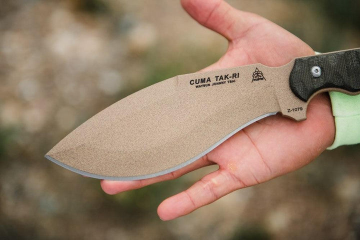 TOPS Knives CUMA TAK-RI 3.5 Green Canvas Micarta Tan 1095HC - Knives.mx