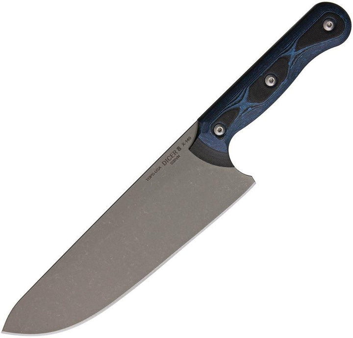 TOPS Knives Dicer 8 Chefs Knife Black Canvas Micarta/Blue-Black G10 Tumble S35VN - Knives.mx