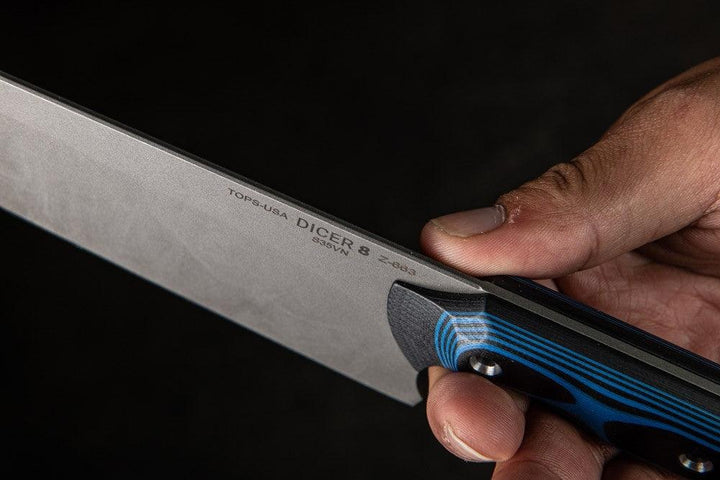 TOPS Knives Dicer 8 Chefs Knife Black Canvas Micarta/Blue-Black G10 Tumble S35VN - Knives.mx