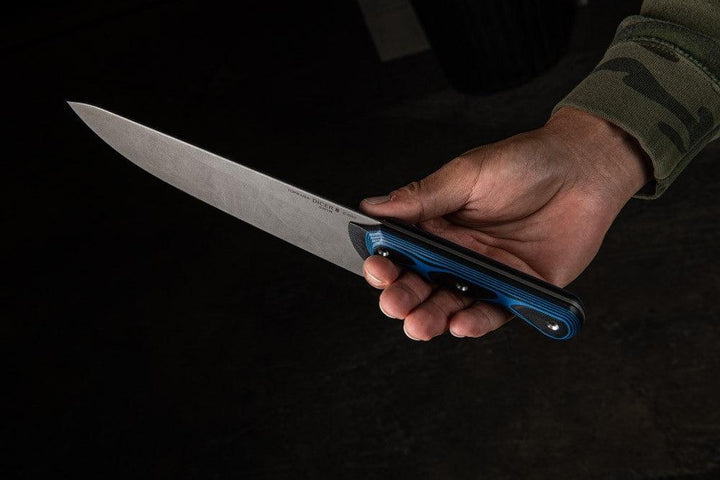 TOPS Knives Dicer 8 Chefs Knife Black Canvas Micarta/Blue-Black G10 Tumble S35VN - Knives.mx