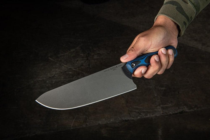 TOPS Knives Dicer 8 Chefs Knife Black Canvas Micarta/Blue-Black G10 Tumble S35VN - Knives.mx