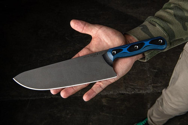 TOPS Knives Dicer 8 Chefs Knife Black Canvas Micarta/Blue-Black G10 Tumble S35VN - Knives.mx