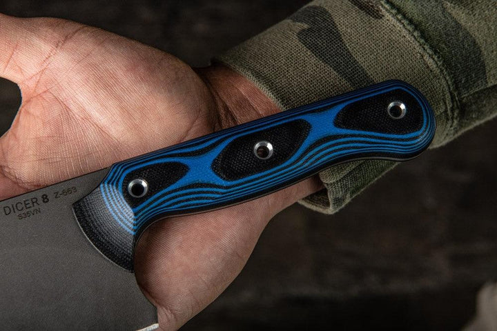 TOPS Knives Dicer 8 Chefs Knife Black Canvas Micarta/Blue-Black G10 Tumble S35VN - Knives.mx