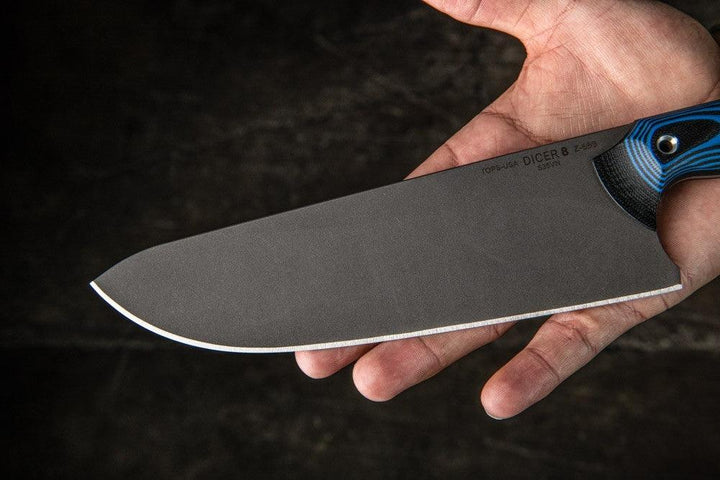 TOPS Knives Dicer 8 Chefs Knife Black Canvas Micarta/Blue-Black G10 Tumble S35VN - Knives.mx