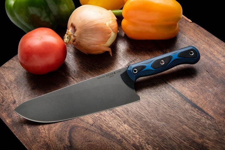 TOPS Knives Dicer 8 Chefs Knife Black Canvas Micarta/Blue-Black G10 Tumble S35VN - Knives.mx