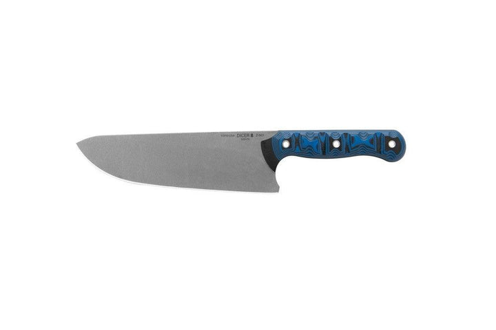 TOPS Knives Dicer 8 Chefs Knife Black Canvas Micarta/Blue-Black G10 Tumble S35VN - Knives.mx