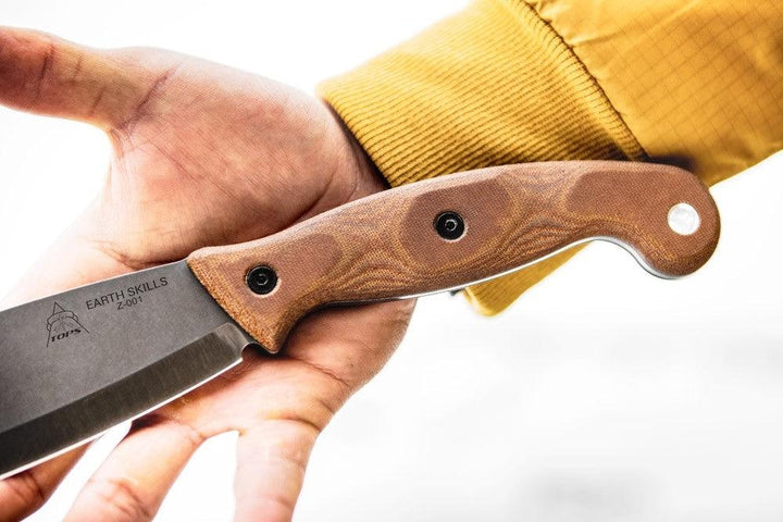 Tops Knives Earth Skills Knife Tan Canvas Micarta 1095HC - Knives.mx