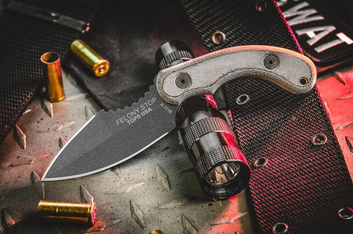 TOPS Knives Felony Stop Black Linen Micarta Tactical Gray 1095HC - Knives.mx