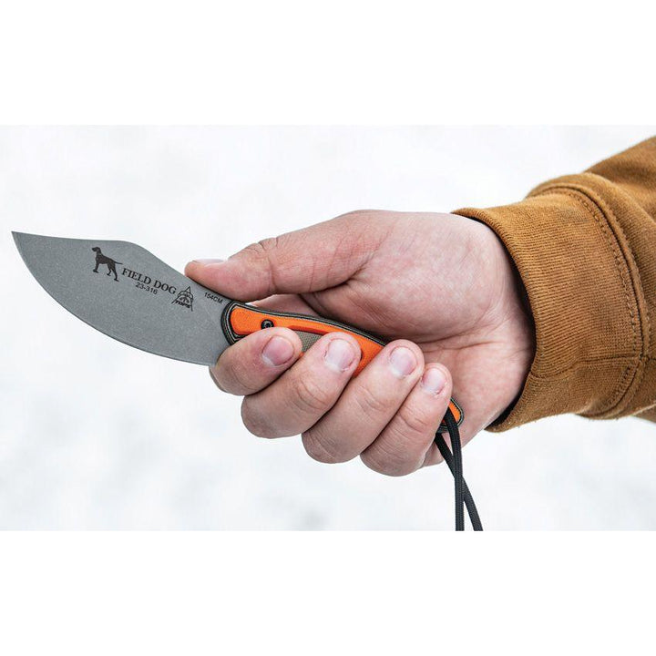 TOPS Knives Field Dog Tan/Black w/Orange G10 Insert Tumble 154cm - Knives.mx