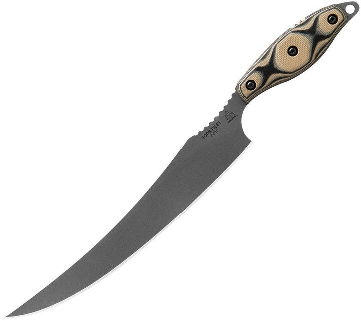 TOPS Knives Filet Tan/Black SureTouch G10 Tumble 154CM - Knives.mx