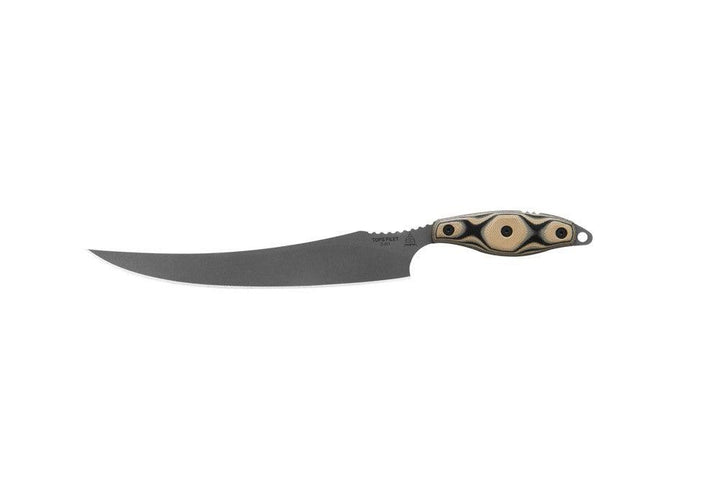 TOPS Knives Filet Tan/Black SureTouch G10 Tumble 154CM - Knives.mx