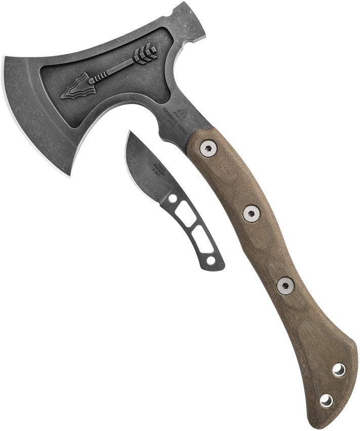 TOPS Knives Hammer Hawk Axe Green Canvas Micarta Acid Rain 1075HC with Backup - Knives.mx