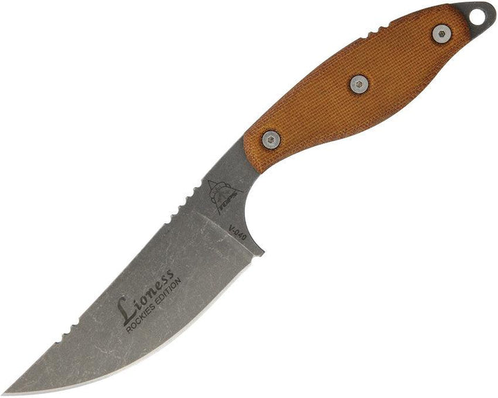 TOPS Knives Lioness Rockies Edition Tan Canvas Micarta Tumbled 1095HC - Knives.mx