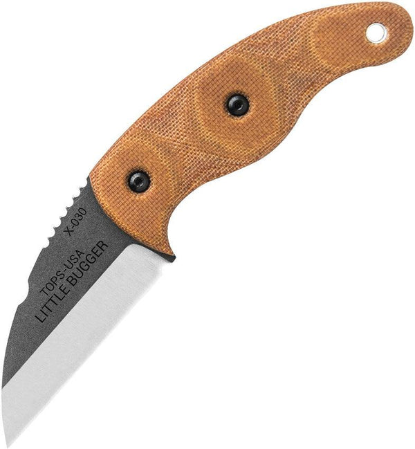 TOPS Knives Little Bugger Tan Canvas Micarta Tumbled 1095HC - Knives.mx