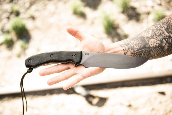 TOPS Knives Longhorn Bowie Black Linen Micarta Black River Wash 1095HC - Knives.mx